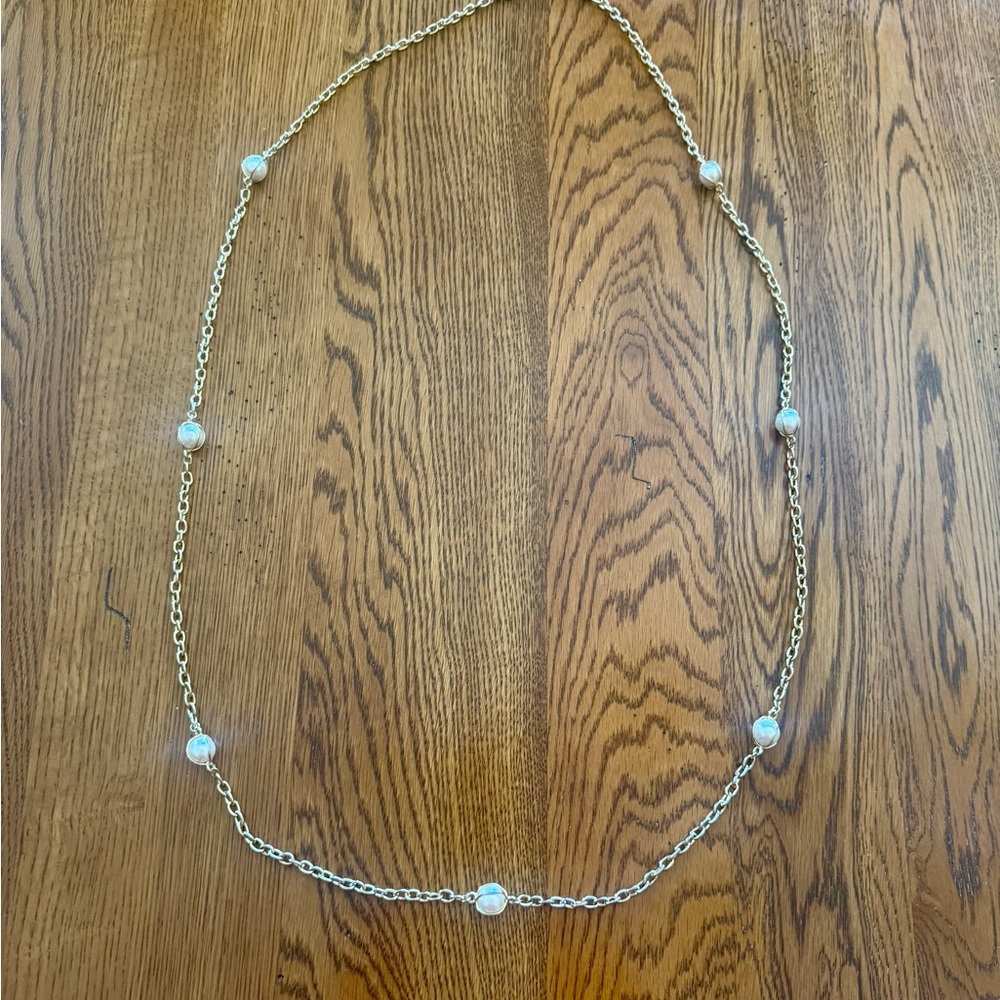 Vintage Gold Tone Faux Pearl Station Long Necklace 25”Layering Chain Classic - Picture 1 of 9